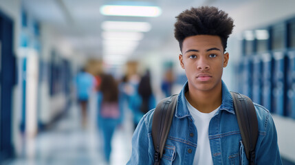 Fototapeta premium Teen Boy in High School Hallway with Serious Expression
