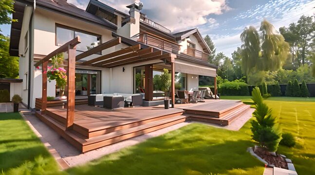 Back yard house exterior with spacious wooden deck with patio area and attached pergola. Northwest, USA