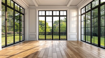 Obraz premium Empty Room with Large Windows and Hardwood Floors