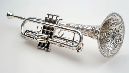 Silver trumpet with ornate designs on the bell musical instrument close-up elegant and detailed craftsmanship