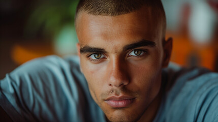 Serious Young Man with Short Hair and Intense Gaze

