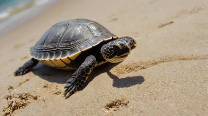A sweet baby turtle with its head raised and looking up while walking in its habitat