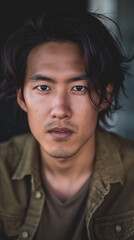 Obraz premium Portrait of a Serious Young Asian Man with Dark Hair Against Dark Background