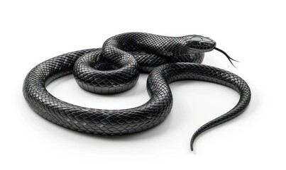 Fototapeta premium Black Snake with Shiny Scales Coiled on White Background