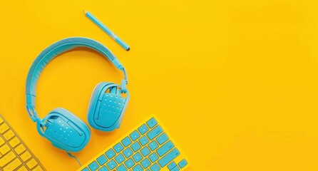 Blue Headphones and Keyboard on Yellow Background
