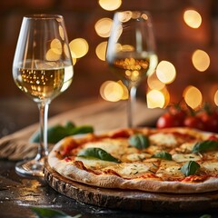 Pizza on a rustic table with two wine glasses and cozy yellow lights in the background. Perfect for themes of dining, comfort, and ambiance