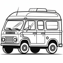 Black and white line art of a vintage camper van, showcasing its retro design and detailing.