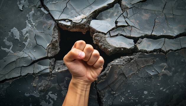 Close-up of a fist breaking through a cracked wall symbolizing strength and power dynamic and bold concept strong and determined