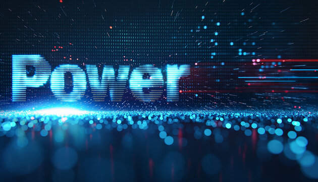 Digital art featuring the word power in a glowing blue design with sparks and light effects futuristic technology modern typography