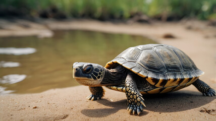 Obraz premium A sweet baby turtle walking in its habitat