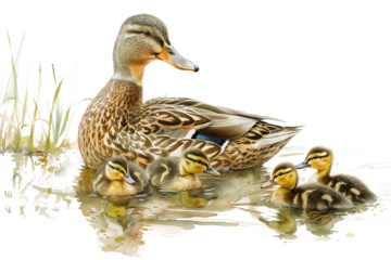 A duck swims with its chicks in a calm pond isolated on a transparent background