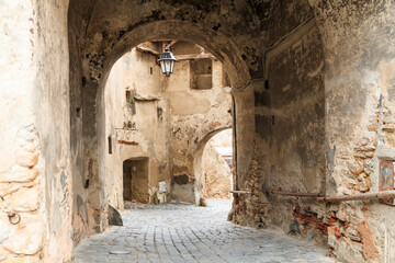 Europe, Romania. Mures County, Sighisoara. City archways.