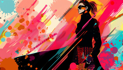 Abstract portrait of a woman in a coat with a colorful and dynamic background