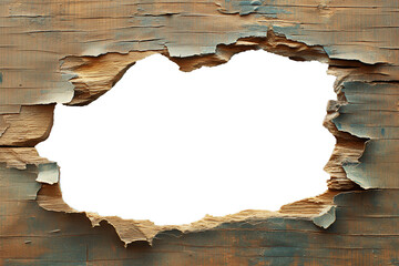 Hole through wooden wall on transparent background