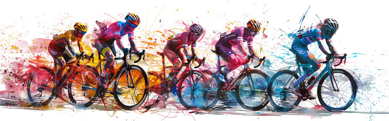 Watercolor sketch of colorful bicycle race isolated on transparent background