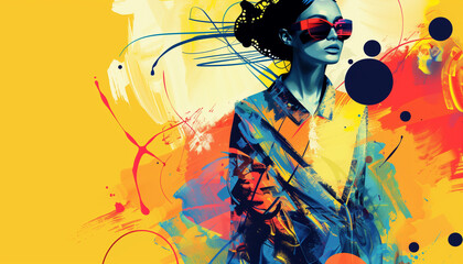 Abstract portrait of a woman in a coat with a vibrant yellow and blue background