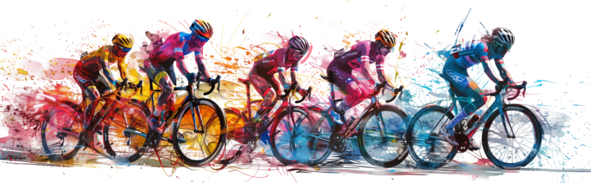 Watercolor sketch of colorful bicycle race isolated on transparent background