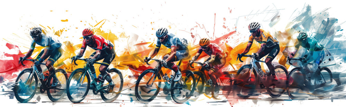 Watercolor sketch of colorful bicycle race isolated on transparent background