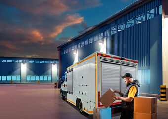 Male loader. Worker with boxes near van. Loader on territory of initial warehouse. Guy accepts...
