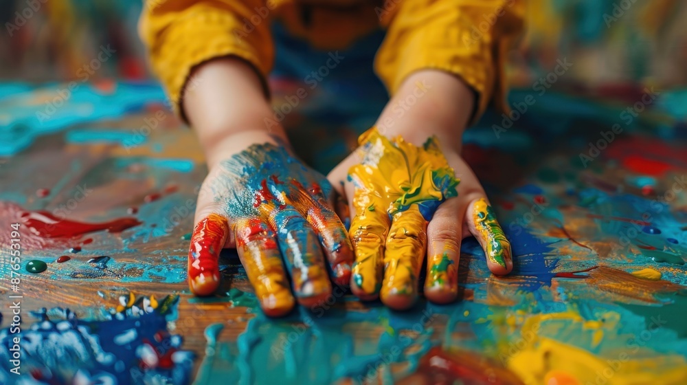 Wall mural child having fun playing with colorful finger paints, making art. people lifestyle photo.