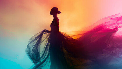 Silhouette of a woman in a flowing dress against a vibrant gradient background
