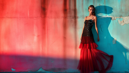 A woman in a red dress standing against a colorful wall with dramatic lighting and shadows