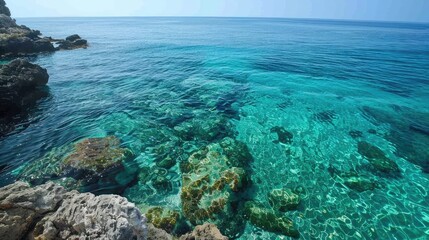 Fototapeta premium A beautiful blue ocean with a rocky shoreline. The water is clear and calm, and the rocks are scattered throughout the area. The scene is peaceful and serene, with the ocean providing a sense of calm