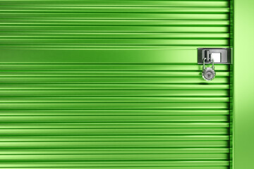 Closed gate. Padlock with code on door. Roller shutters in garage. Closed gates in warehouse....