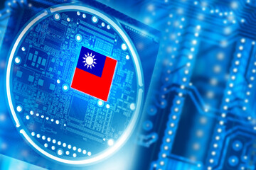 Microprocessor made in Taiwan. Digital board. Computer equipment. PCB with microprocessor. Microchip in colors of Taiwan flag. Concept of microprocessor industry in republic of Taiwan. 3d image