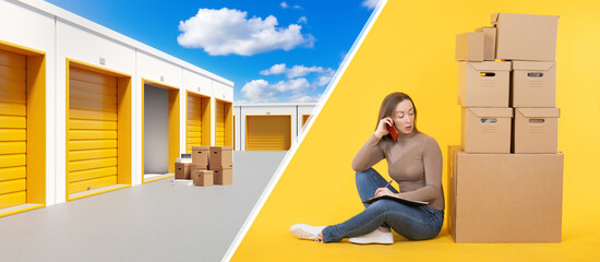 Rent self storage unit. Woman sits near pantry. Owner storage unit makes call to loader. Cardboard...