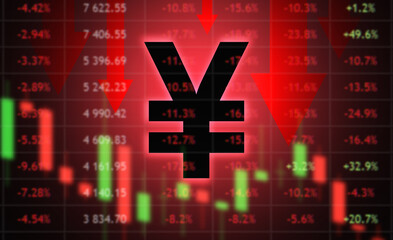 Yuan symbol. Currency of China. CNY logo on red. Crisis of Chinese economy. Falling value of yuan. Collapse of PRC financial market. Decline in China GDP. Fall of money invested in yuan. 3d image