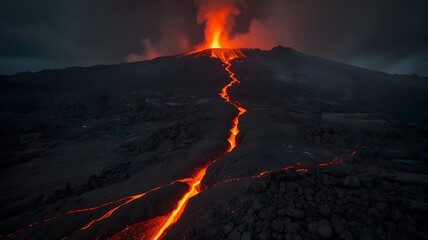Lava flowing down the slopes of an active volcano.
