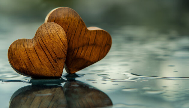 Two wooden hearts on a reflective surface, symbolizing love and connection, with a soft background, handcrafted and natural.