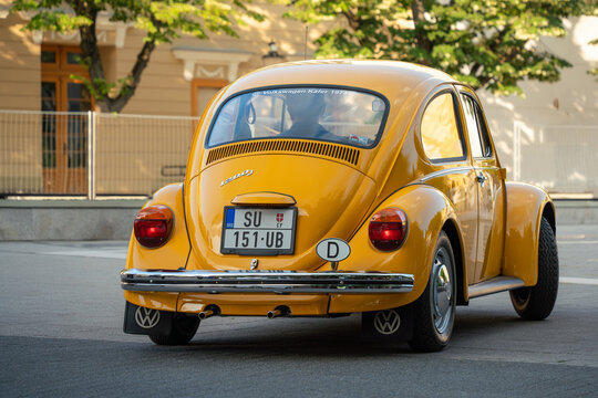 Back side view of an classic car from 1974 Volkswagen 1200J Buba - VW beetle, assemled in Sarajevo, Jugoslavia (Yugoslavia) present Bosnia And Herzegovina. 29.06.2024 Subotica, Serbia