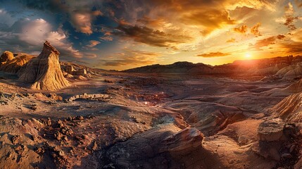 Fototapeta premium The image depicts a dramatic desert landscape at sunset. The terrain is arid with rugged rock formations and sparse vegetation. In the foreground, a prominent, pointed rock formation stands, illuminat