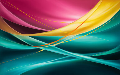 abstract curves dance in a teal, gold, and crimson canvas