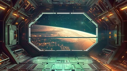 The image captures an interior view of a futuristic spaceship or space station. The perspective is from inside looking out through a large, octagonal window. The window frames a breathtaking vista of 