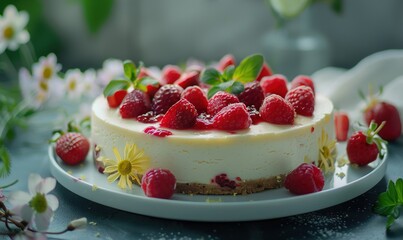 Sweet Bread Cake Topped with Strawberries with Tropical Fruit Decoration Sprinkles Generate AI
