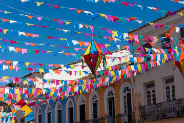Flags and balloons in the decoration of Pelourinho for the Sao Joao festival. City of Salvador, Bahia.