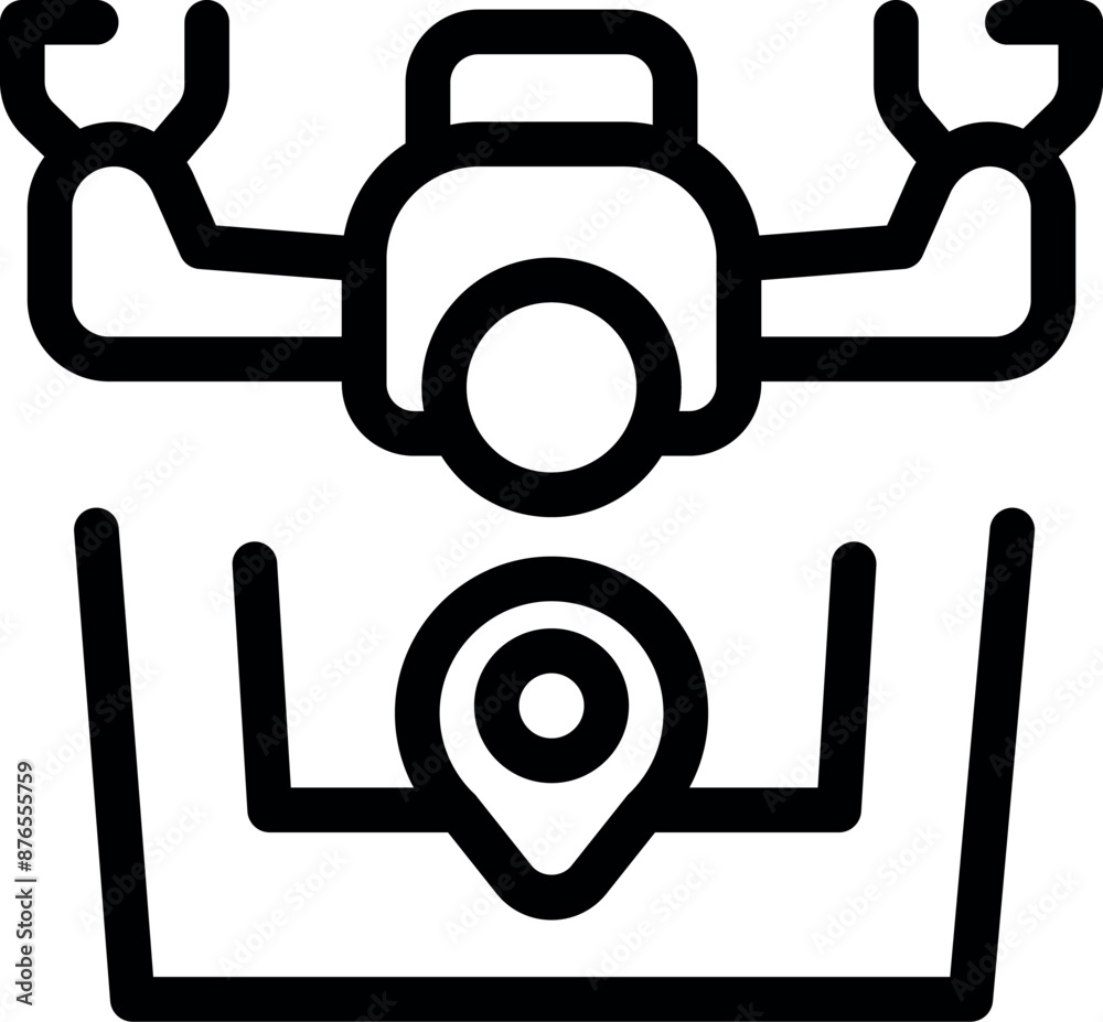 Poster line icon of a drone hovering over a map with a location pin, representing drone navigation and loca
