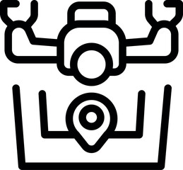 Line icon of a drone hovering over a map with a location pin, representing drone navigation and location tracking