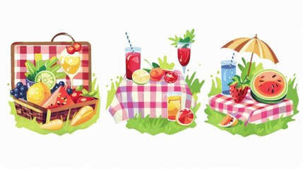The image shows a delightful picnic setup with a variety of colorful fruits, beverages, and food items displayed on checkered tablecloths set outdoors in lush green grass.