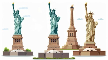 Three digital drawings of the Statue of Liberty, showcasing variations in color and design, emphasizing the iconic monument's universal symbolism and artistic interpretations.