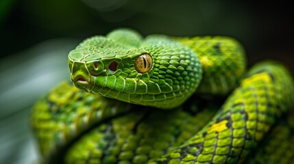 Fototapeta premium A green pit viper with a bright yellow eye stares intently at the camera, its body coiled in a relaxed posture.