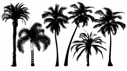 The image displays six distinct silhouettes of various palm trees in black against a white background, highlighting the unique shapes and forms of each type of tree.