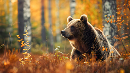 Watchful brown bear sitting in a vibrant autumn forest landscape surrounded by colorful foliage branches and natural elements  The bear appears alert and cautious