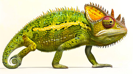 Fototapeta premium Vibrant Side View of a Jacksons Horned Chameleon Walking in a Natural Setting The image showcases the unique and intricate details of this remarkable reptile species with its distinctive horns