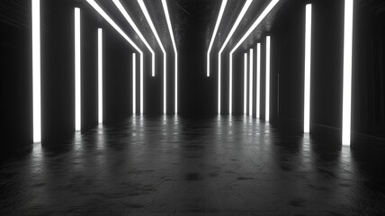 A dark hallway featuring vertical white neon lights along the walls, casting reflections on a glossy black floor, creating a sleek, modern aesthetic.

