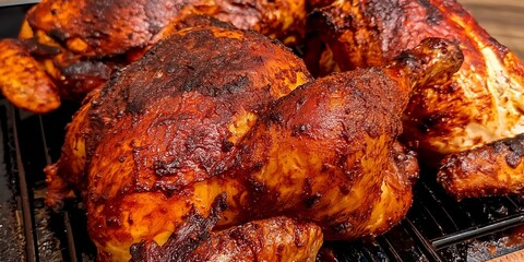 Close-up of roasted chickens on a black grill. The chickens are coated in a reddish-brown sauce and have a crispy, golden-brown exterior.