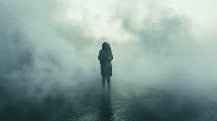 This image features a solitary individual shrouded in dense fog, standing over a reflective surface suggesting water, evoking an ambiance of mystery and tranquility.